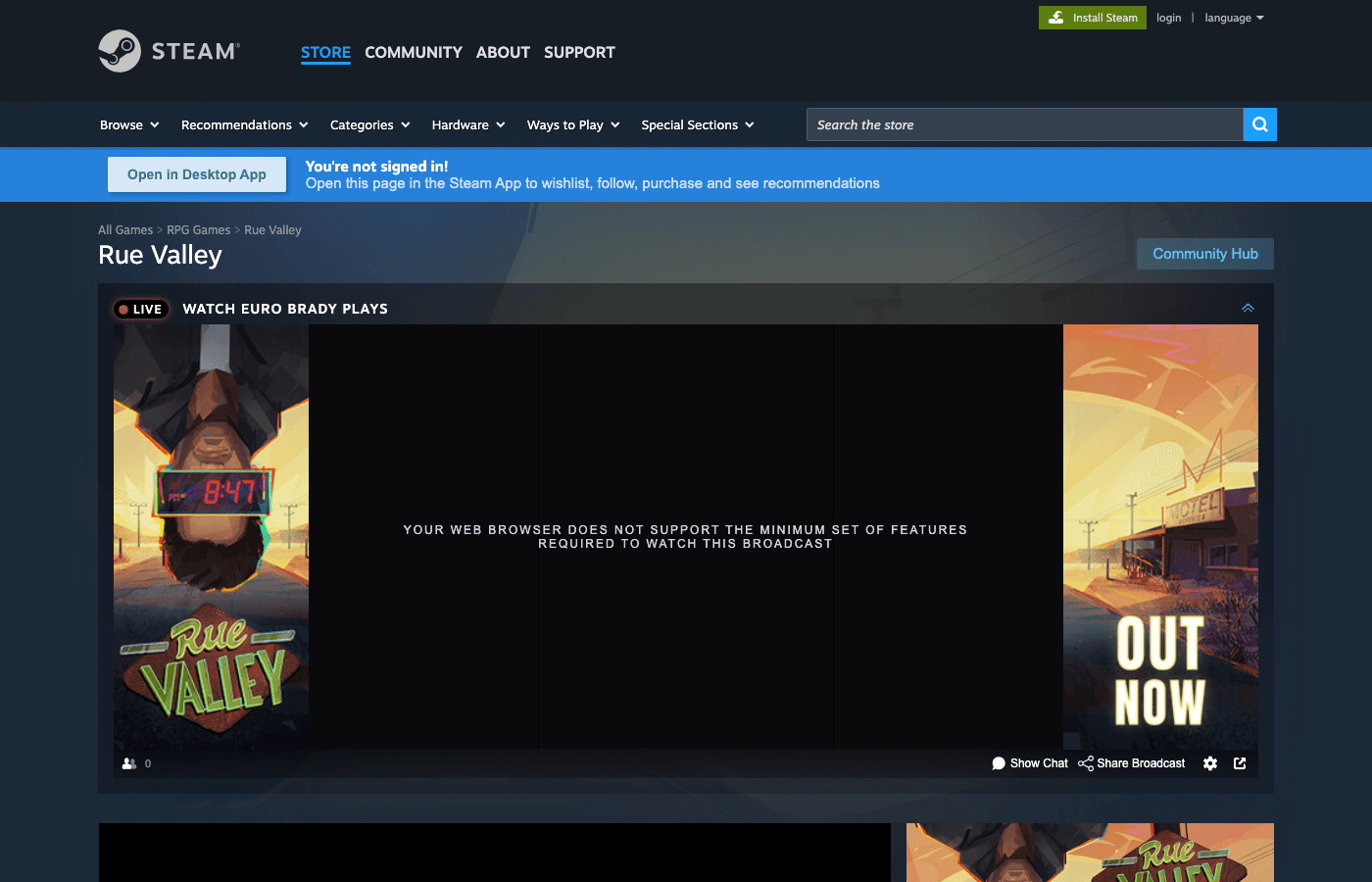 Steam page hero capture showing Rue Valley key art
